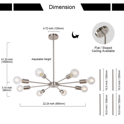 Mid-Century Sputnik Chandelier – Brushed Nickel Durable Metal Finish for Sloped Ceilings 8 Adjustable Lights