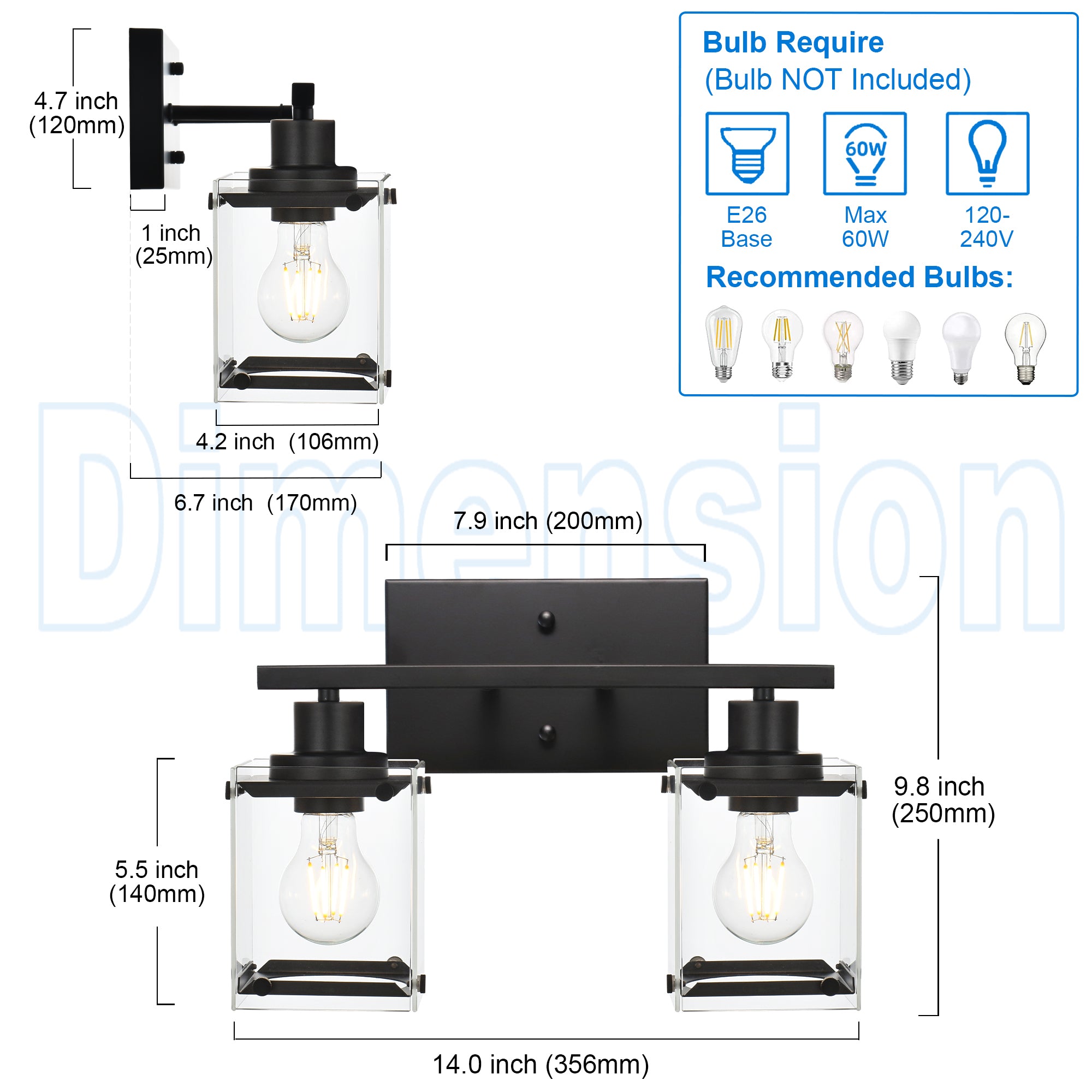 2 Lights Bathroom Vanity Light Matte Black Wall Sconces with Rectangular Clear Glass Vanity Lighting Fixtures Over Mirror Modern Wall Lights for Bath Bedroom Powder Room Stair Corner