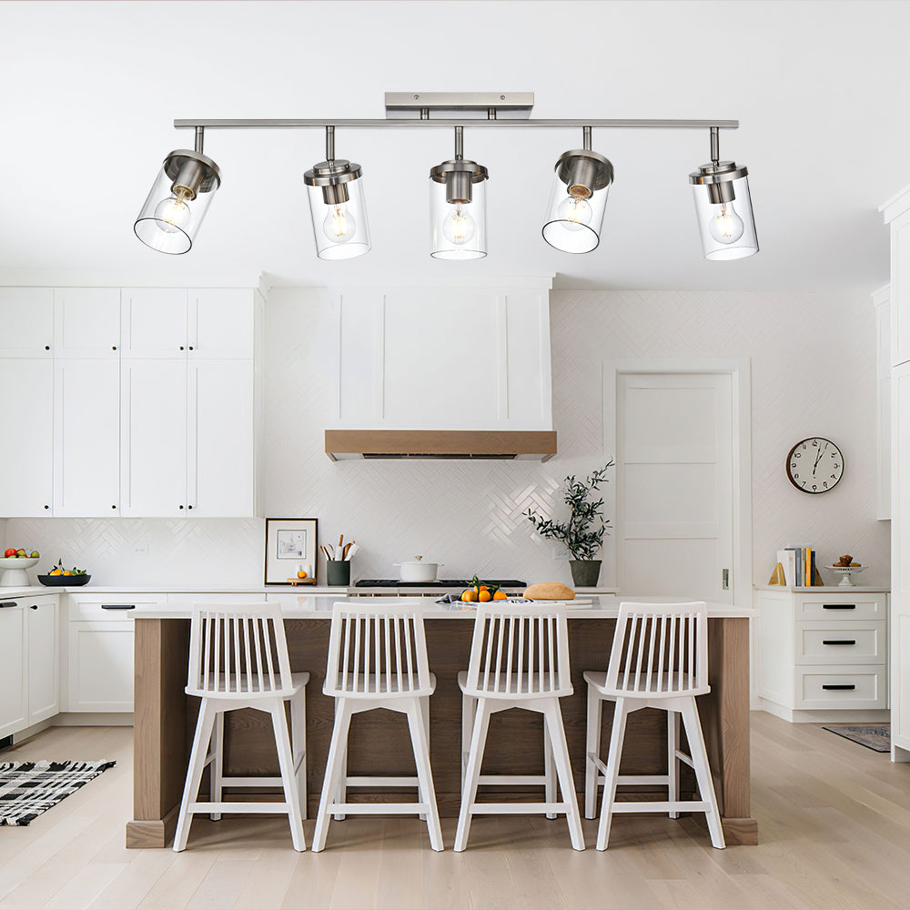 Brushed Nickel Adjustable Track Light Fixture – Modern 5-light Clear Glass Shade Vanity Track Lights with Flexible Heads Wall Mounted