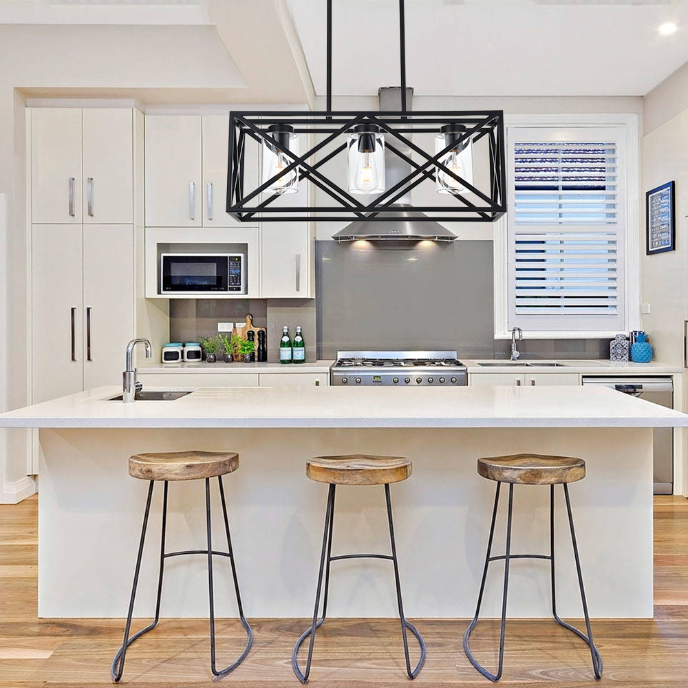 3-Lights Black Kitchen Island Pendant Lighting, Contemporary Dining Room Chandelier with Clear Glass Shades for Overtable Living Room