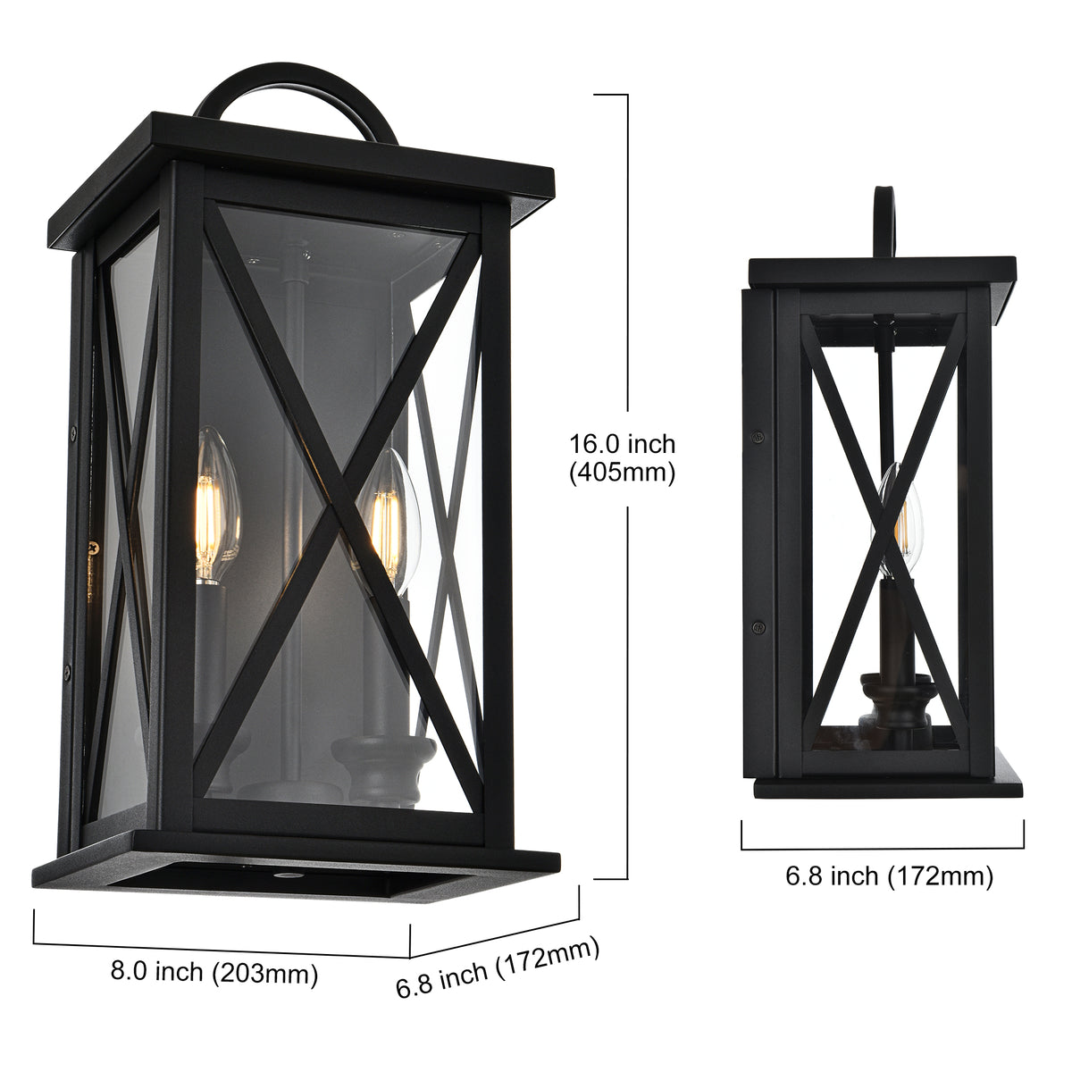 2-Light Exterior Light Fixtures Outdoor Wall Lantern Wall Mount in Black Finish Waterproof Wall Sconce with Clear Glass for Porch Front Door Patio Yard Garage