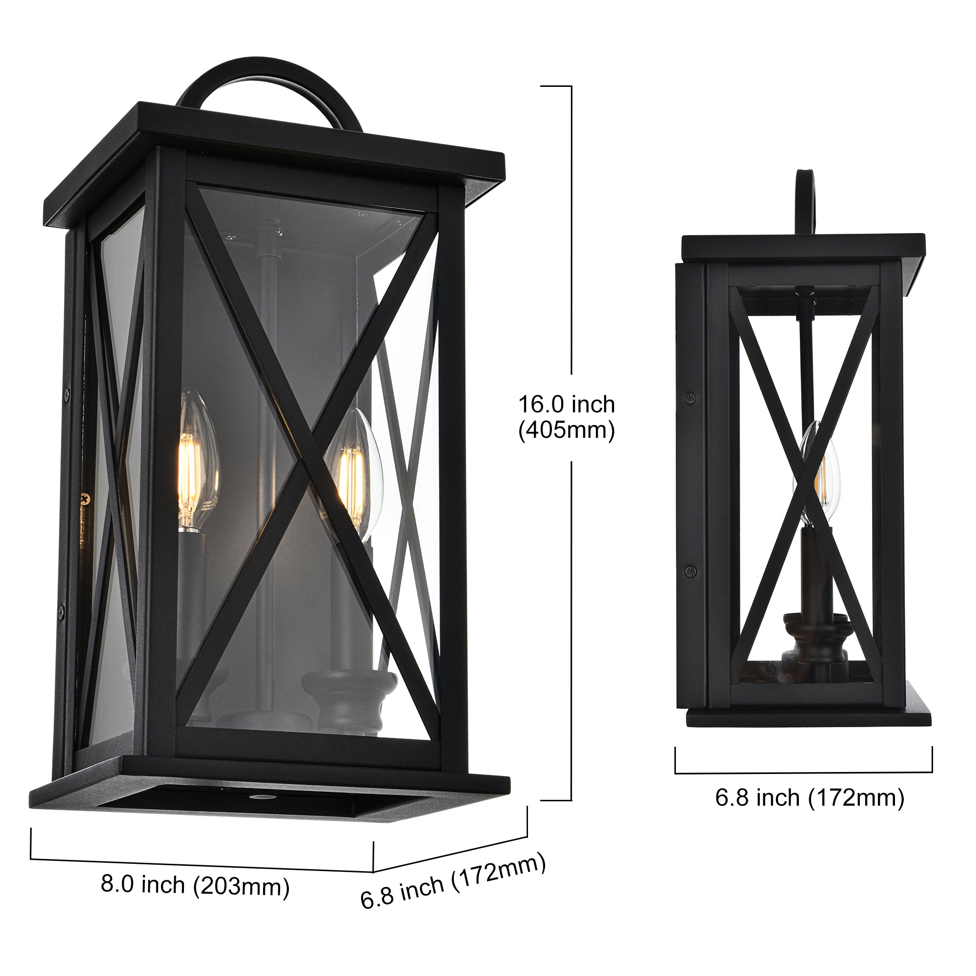 2-Light Exterior Light Fixtures Outdoor Wall Lantern Wall Mount in Black Finish Waterproof Wall Sconce with Clear Glass for Porch Front Door Patio Yard Garage
