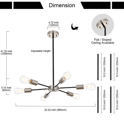 Modern Black Brushed Nickel Sputnik Chandelier – 6-Light Adjustable Ceiling Fixture for Vaulted Ceilings E26 Bulb Base