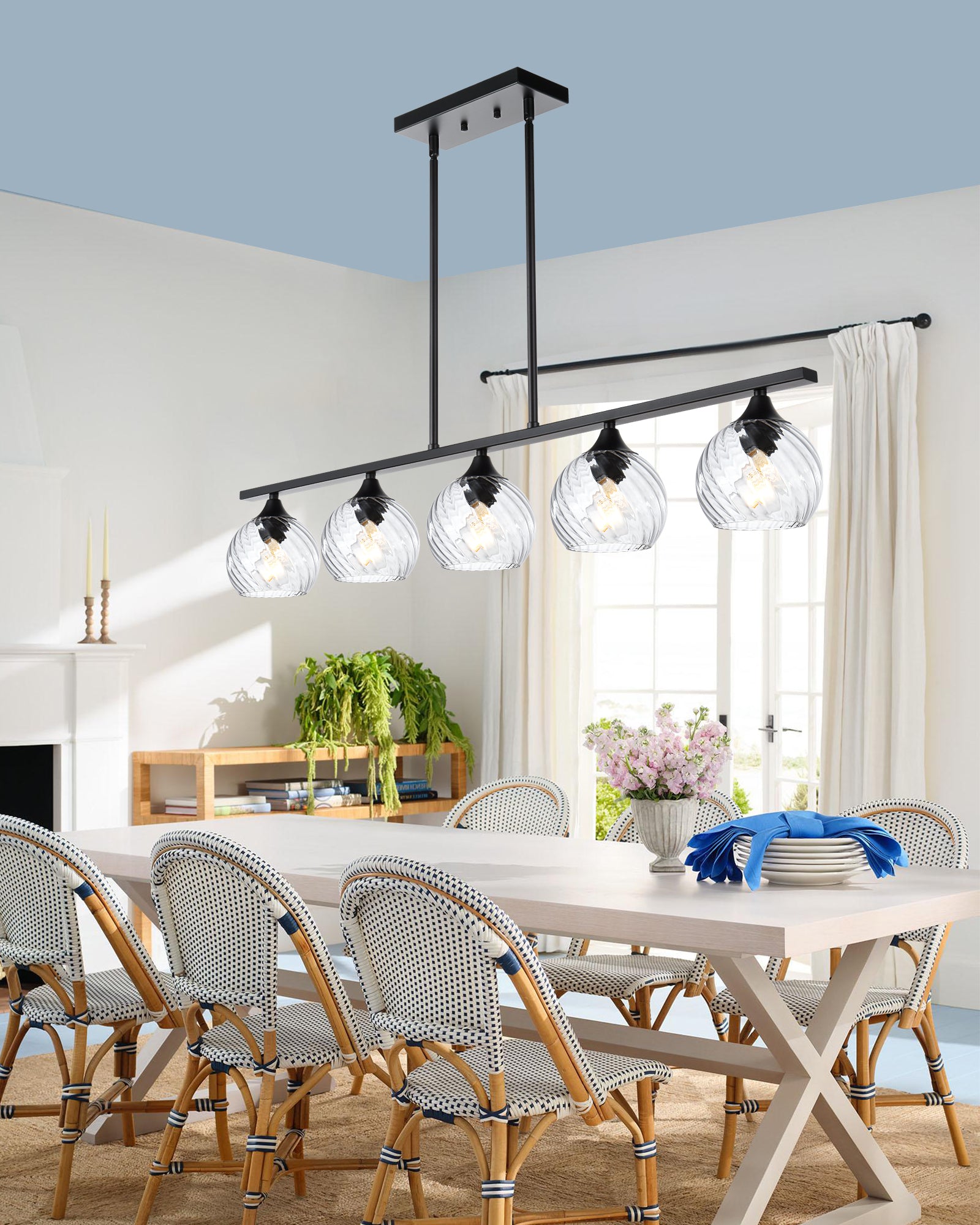 Kitchen Island Light Fixtures, Matte Black Pendant Hanging Lighting with Clear Globe Glass Shades E26 Socket, Modern Ceiling Chandelier for Pool Table Dining Room