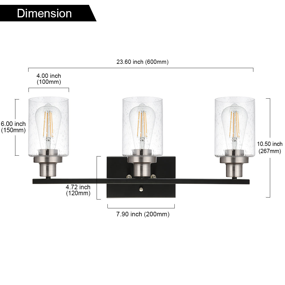 3 Lights Vanity Lights for Bathroom 23.6 Inches, Wall Mounted Light Fixture Farmhouse Bathroom Light Fixtures with Seeded Glass Shade, Black and Brushed Nickel Finish