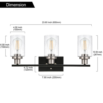 3 Lights Vanity Lights for Bathroom 23.6 Inches, Wall Mounted Light Fixture Farmhouse Bathroom Light Fixtures with Seeded Glass Shade, Black and Brushed Nickel Finish