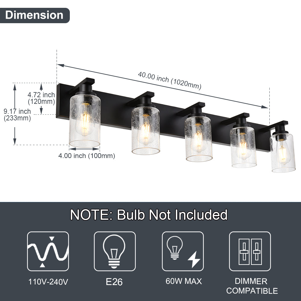 Bathroom Vanity Light Fixtures 5-Lights Seeded Glass Cylinder Shade Modern Farmhouse Wall Sconce Lighting Bath Vanity Lights Over Mirror