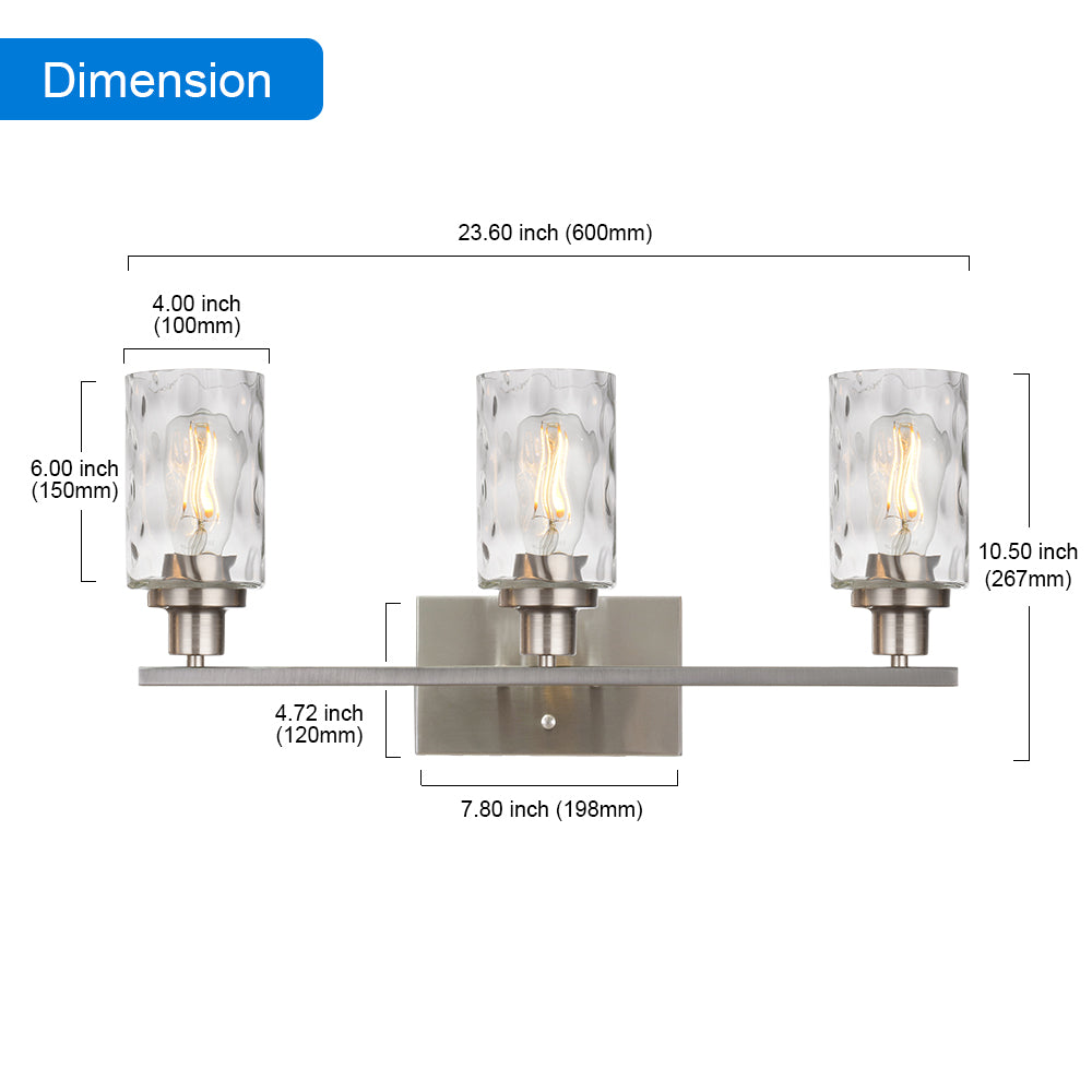 3-Light Bathroom Lights Modern Vanity Lights Brushed Nickel Finish with Hammered Glass Shade, Industrial Wall Light Fixture for Bedroom Living Room Kitchen