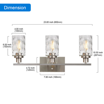 3-Light Bathroom Lights Modern Vanity Lights Brushed Nickel Finish with Hammered Glass Shade, Industrial Wall Light Fixture for Bedroom Living Room Kitchen