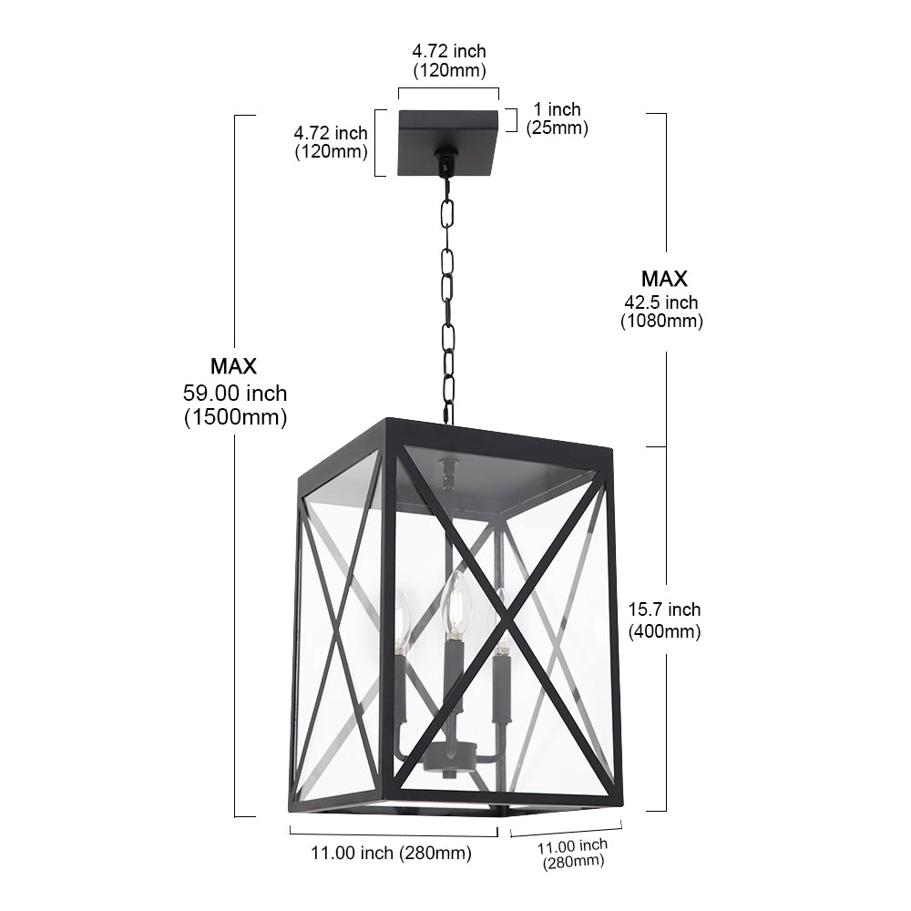 3-Light Outdoor Chandelier Lighting Black Indoor Lantern Pendant Light Exterior Ceiling Light Fixtures with Clear Glass for Patio Porch Entryway