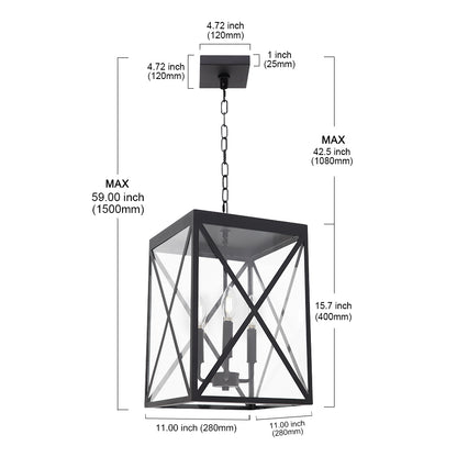 3-Light Outdoor Chandelier Lighting Black Indoor Lantern Pendant Light Exterior Ceiling Light Fixtures with Clear Glass for Patio Porch Entryway