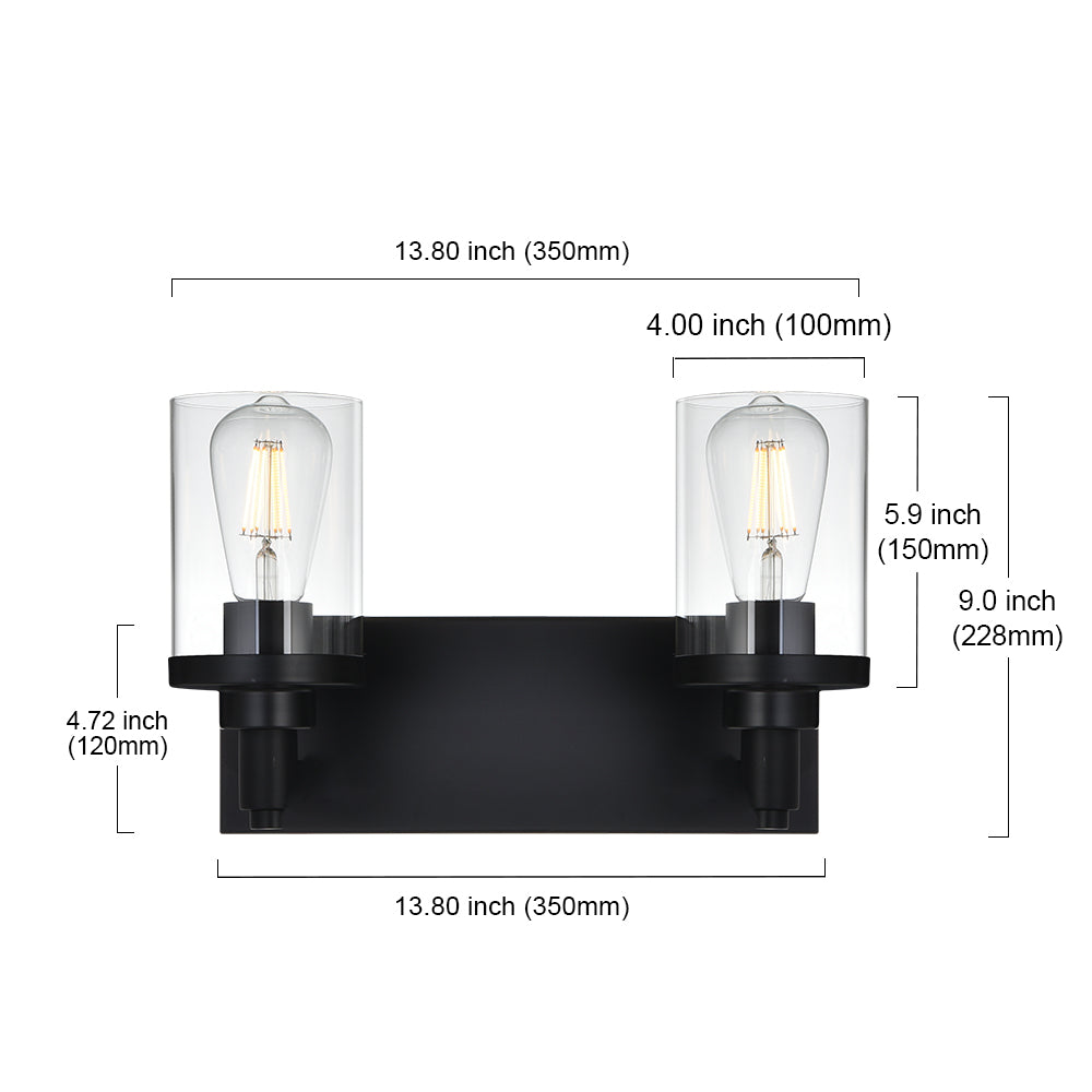 2 Light Bathroom Light Fixtures,Vintage Wall Vanity Light Metal Wall Mount Lamp with Clear Glass in Black Finish Wall Sconces Lighting for Powder Room, Hallway, Kitchen, Mirror, Laundry Room