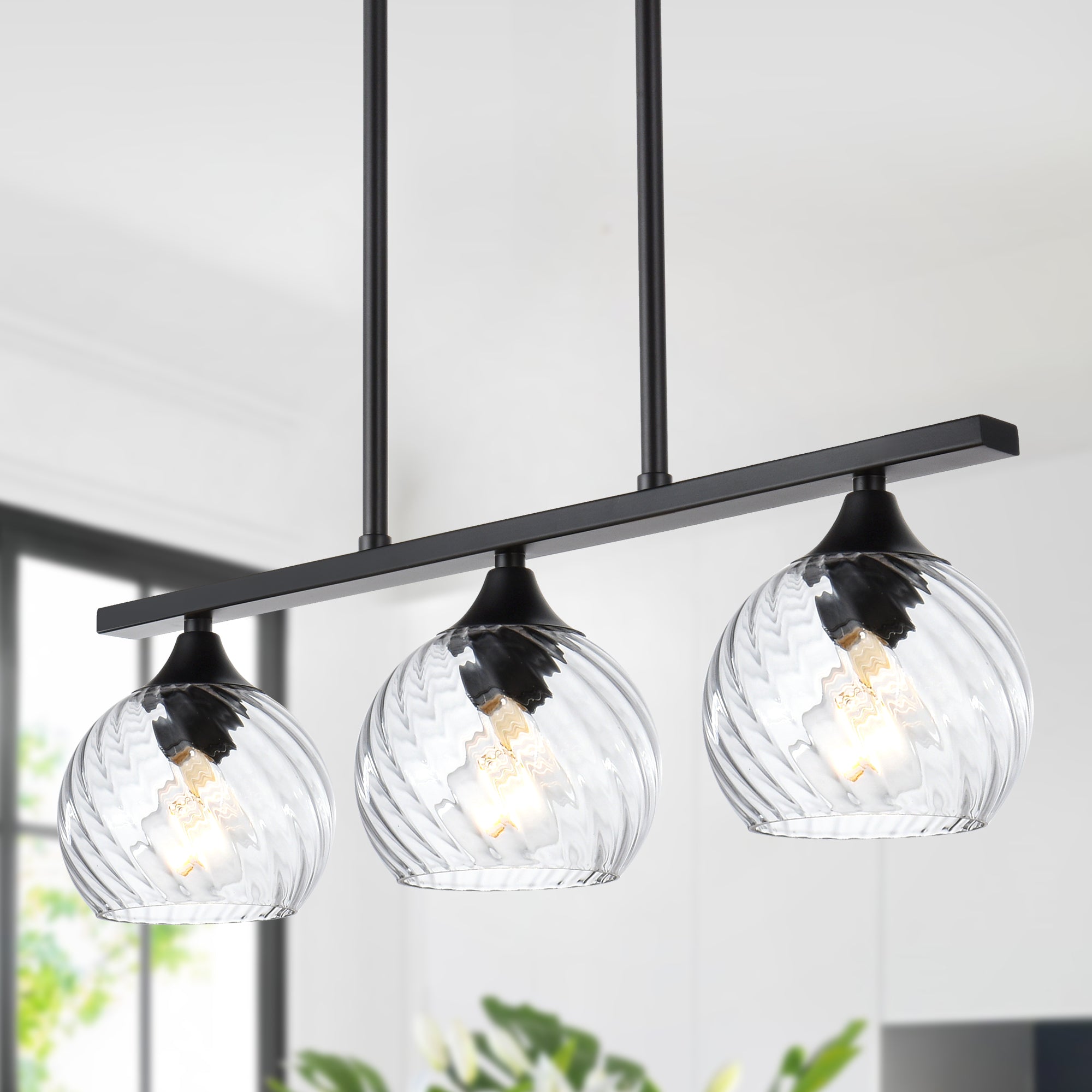 Kitchen Island Light Fixtures, Matte Black Pendant Hanging Lighting with Clear Globe Glass Shades E26 Socket, Modern Ceiling Chandelier for Pool Table Dining Room