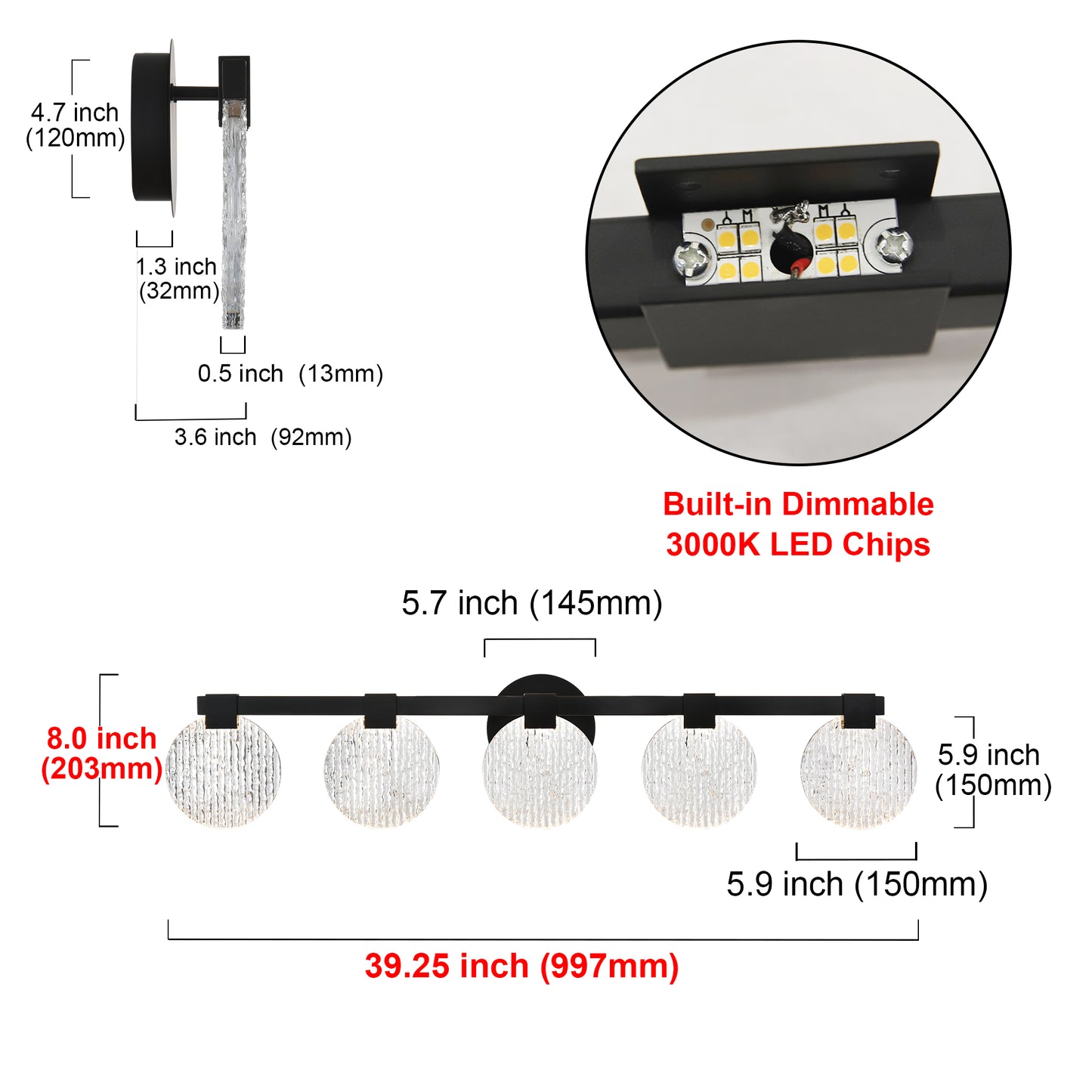 Integrated LED 5-lights Vanity Lights – Rustproof Stainless Steel & Shatterproof Acrylic Lampshade – Bathroom Mirror Lighting