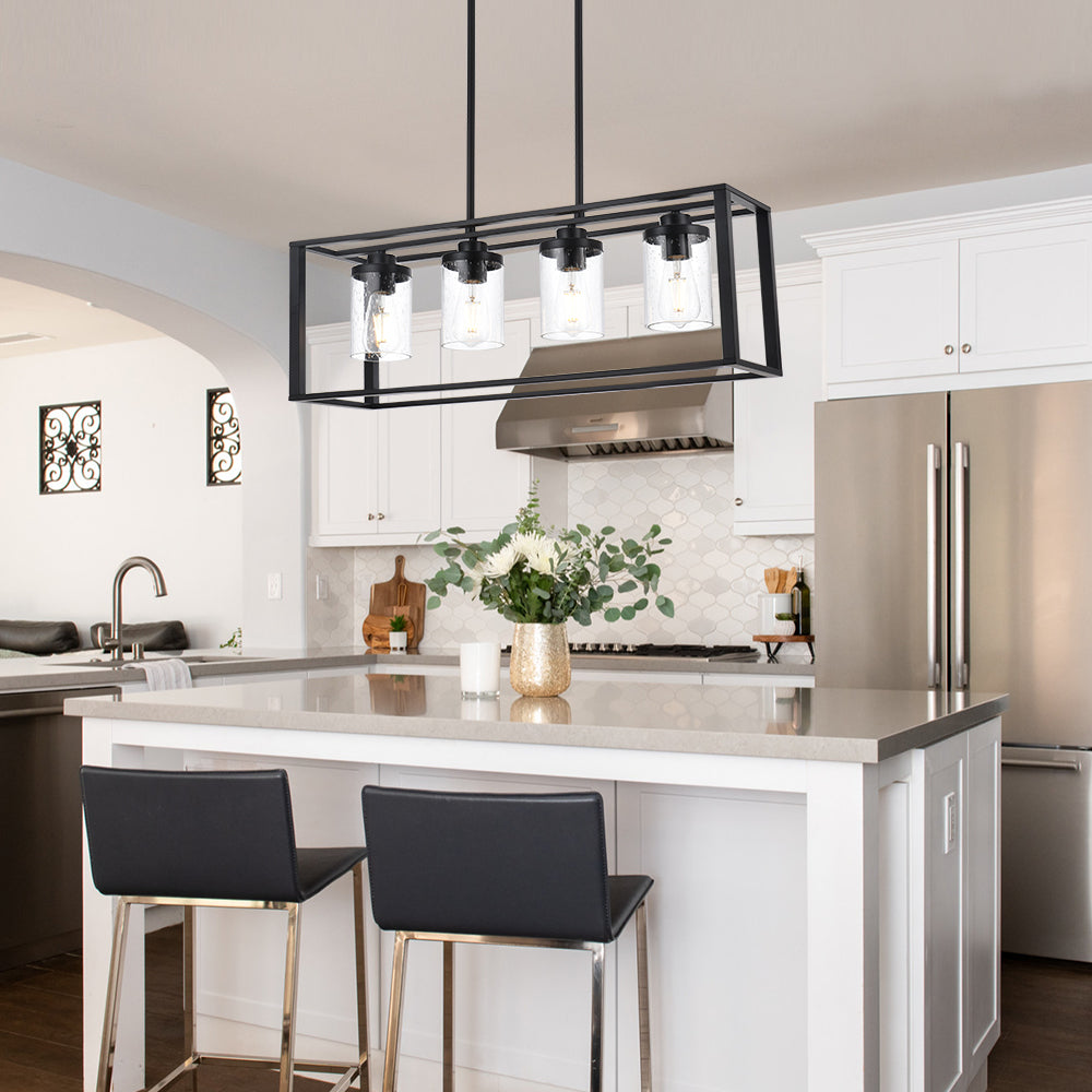 Dining Room Chandelier Lighting Fixtures with Seeded Glass, Linear Pendant Light in Matte Black Finish for Kitchen Island