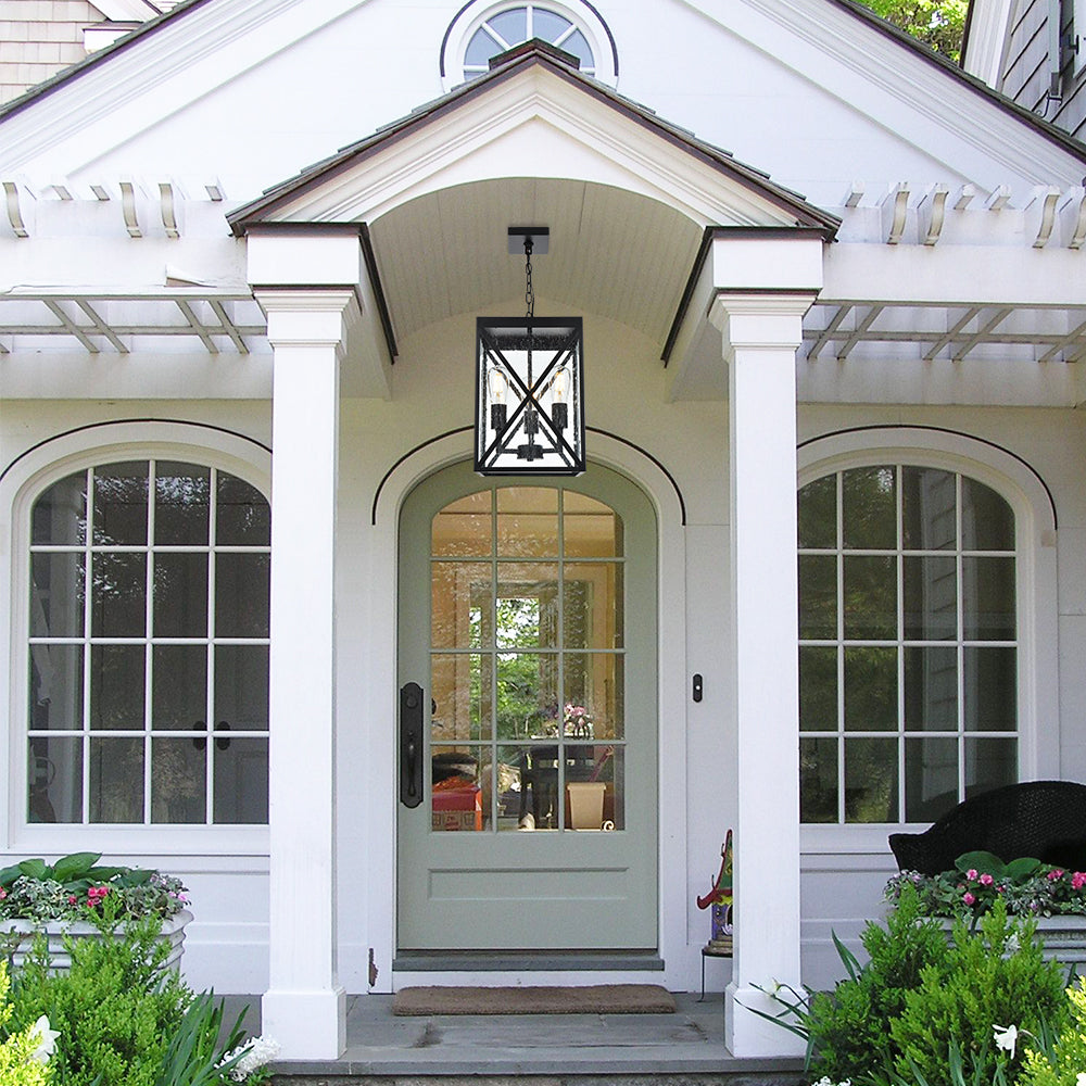 Large Outdoor Pendant Light, Black Exterior Ceiling Porch Light with Seeded Glass Panel, Outdoor Chandelier Hanging Lantern for Garage Entryway Patio Front Door