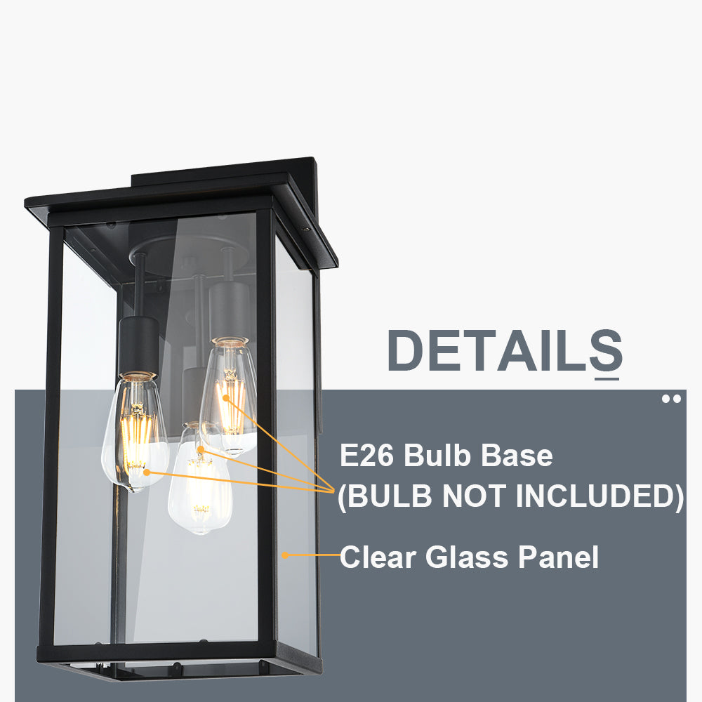 3-Lights Outdoor Wall Light Fixtures, Black Outdoor Wall Sconce Lantern Lighting with Clear Glass Shade, Exterior Wall Mount Lights for for Porch Garage Hallway