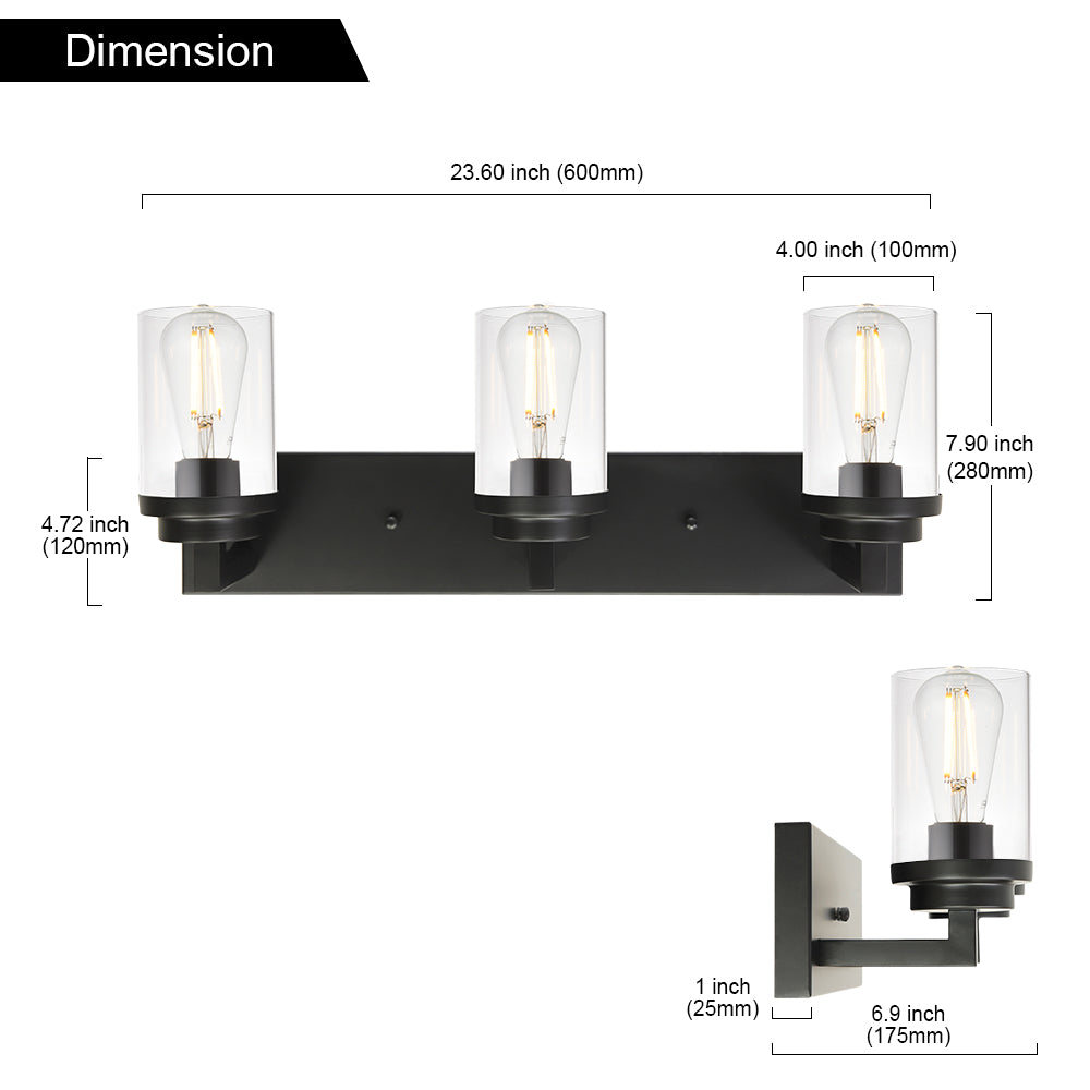 Vintage Bathroom Lighting Fixtures Over Mirror, 3-Light Modern Vanity Lights Black Finish Industrial Wall Sconce with Clear Glass Shade