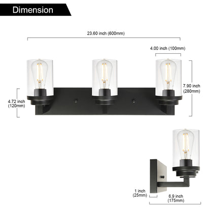 Vintage Bathroom Lighting Fixtures Over Mirror, 3-Light Modern Vanity Lights Black Finish Industrial Wall Sconce with Clear Glass Shade