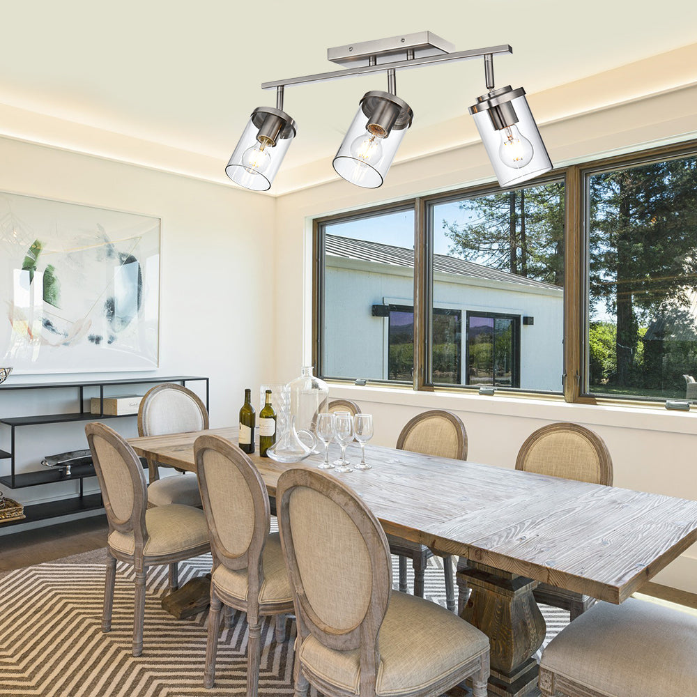 Brushed Nickel Adjustable Track Light Fixture – Modern 3-light Clear Glass Shade Vanity Track Lights with Flexible Heads Wall Mounted