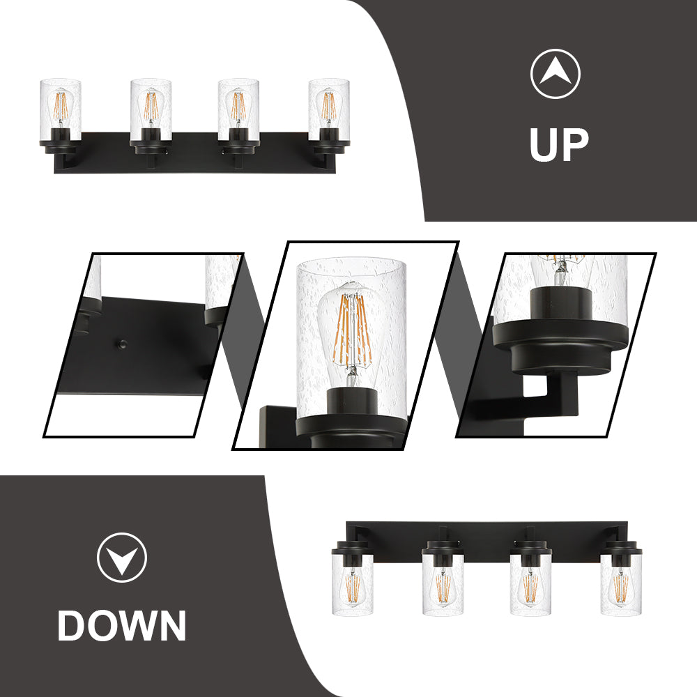 Bathroom Vanity Light, 4-Light Modern Wall Mount Light Fixture Black, Farmhouse Bath Lighting Over Mirror with Seeded Glass Shade for Powder Room Living Room Kitchen, 31.0 Inches Length