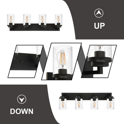 Bathroom Vanity Light, 4-Light Modern Wall Mount Light Fixture Black, Farmhouse Bath Lighting Over Mirror with Seeded Glass Shade for Powder Room Living Room Kitchen, 31.0 Inches Length