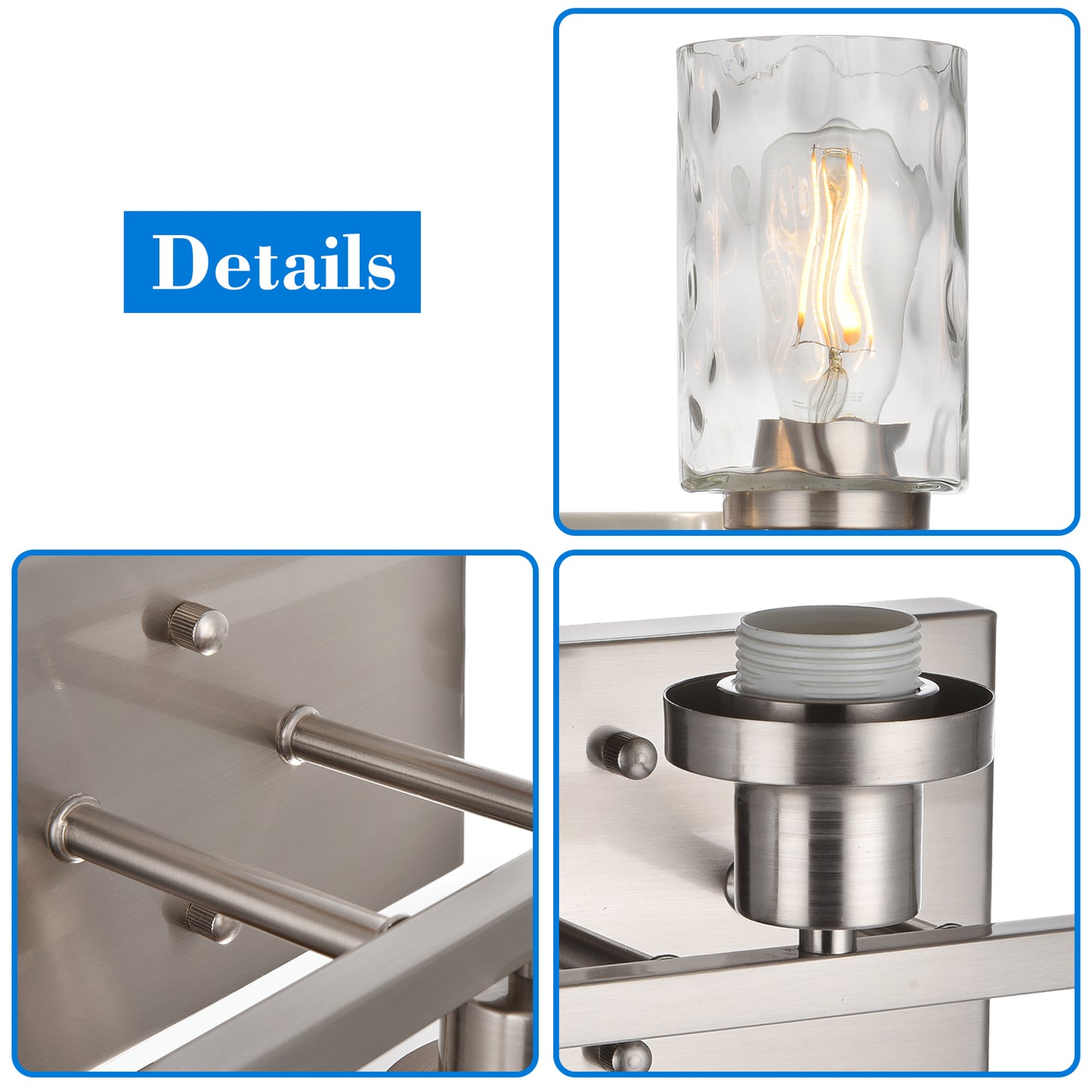 3-Light Bathroom Lights Modern Vanity Lights Brushed Nickel Finish with Hammered Glass Shade, Industrial Wall Light Fixture for Bedroom Living Room Kitchen