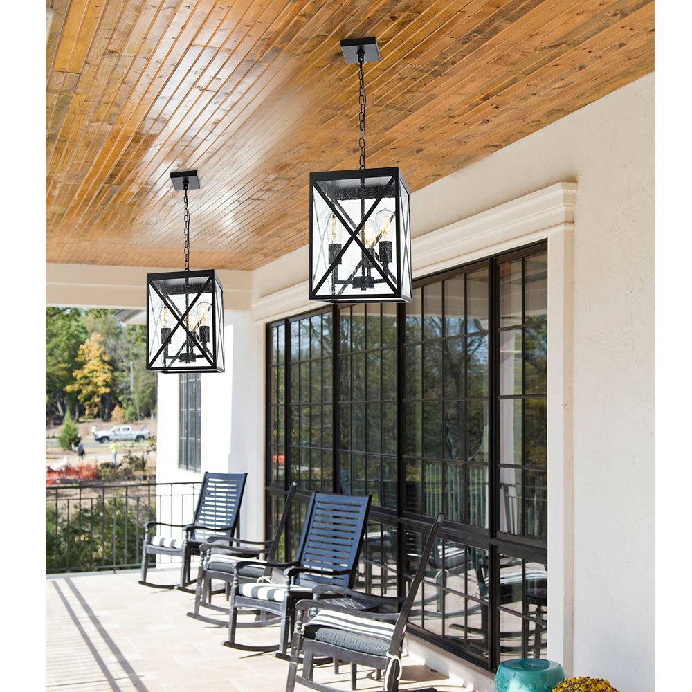 Large Outdoor Pendant Light, Black Exterior Ceiling Porch Light with Seeded Glass Panel, Outdoor Chandelier Hanging Lantern for Garage Entryway Patio Front Door