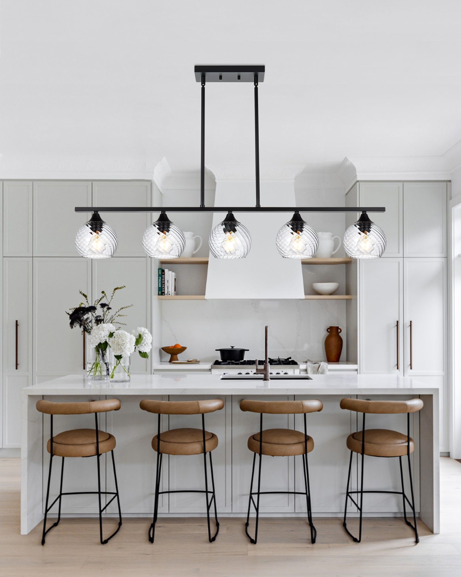 Kitchen Island Light Fixtures, Matte Black Pendant Hanging Lighting with Clear Globe Glass Shades E26 Socket, Modern Ceiling Chandelier for Pool Table Dining Room