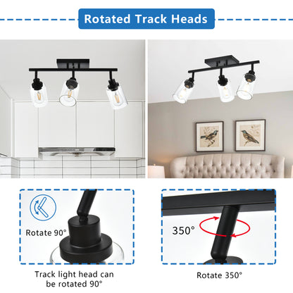 3 Light Bathroom Vanity Light Black Track Lighting Fixtures Ceiling, Vanity Lighting Fixtures with Rotatable Track Head for Hallway Porch Foyer Bath Storage, Clear Glass Shade