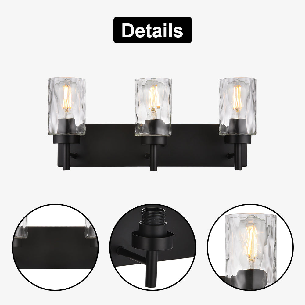 Vanity Light Fixtures 3 Light Modern Wall Sconces Lighting Black Bathroom Lights Wall Mounted with Hammered Glass Shade,Farmhouse Wall Light for Mirror Cabinets, Powder Room, Dressing Table