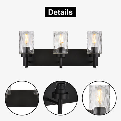 Vanity Light Fixtures 3 Light Modern Wall Sconces Lighting Black Bathroom Lights Wall Mounted with Hammered Glass Shade,Farmhouse Wall Light for Mirror Cabinets, Powder Room, Dressing Table