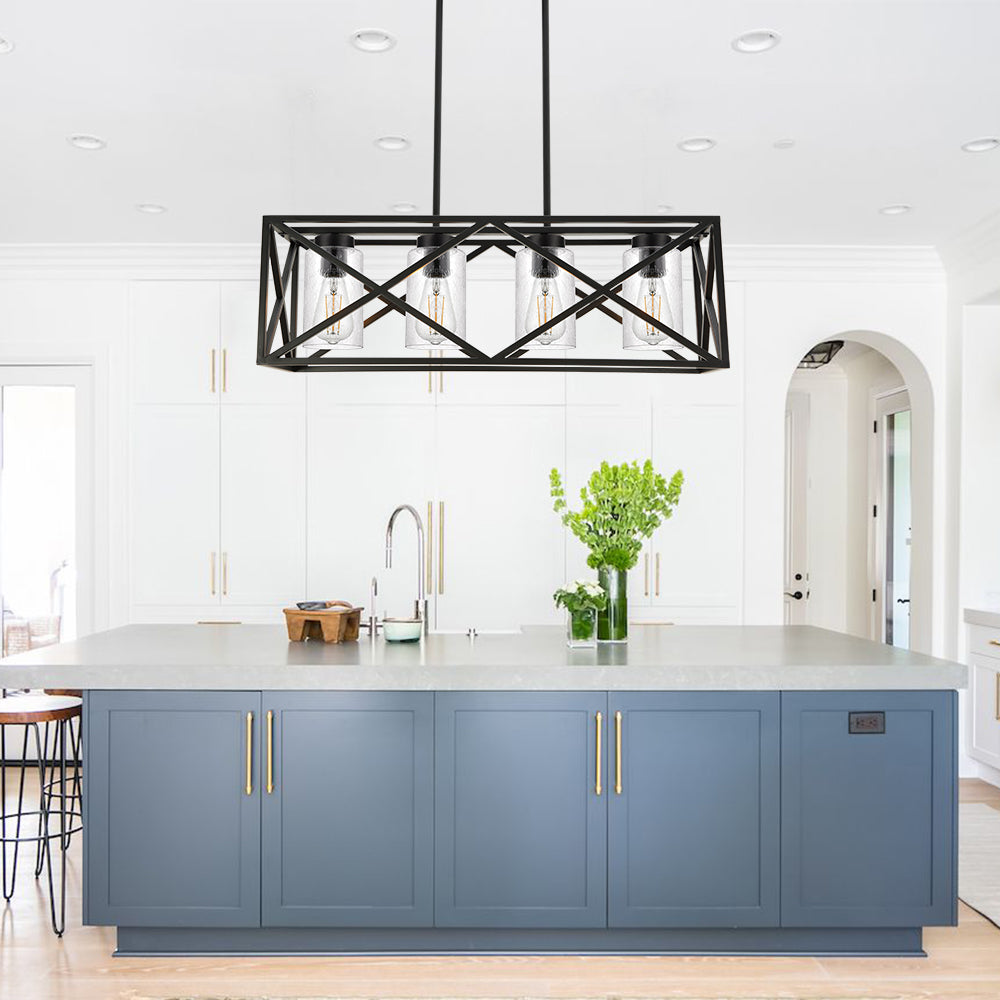 4-Lights Black Farmhouse Rectangle Chandelier Dining Room Light Fixtures, 30.4-Inches Length Contemporary Kitchen Island Pendant Lighting with Seeded Glass Lampshades