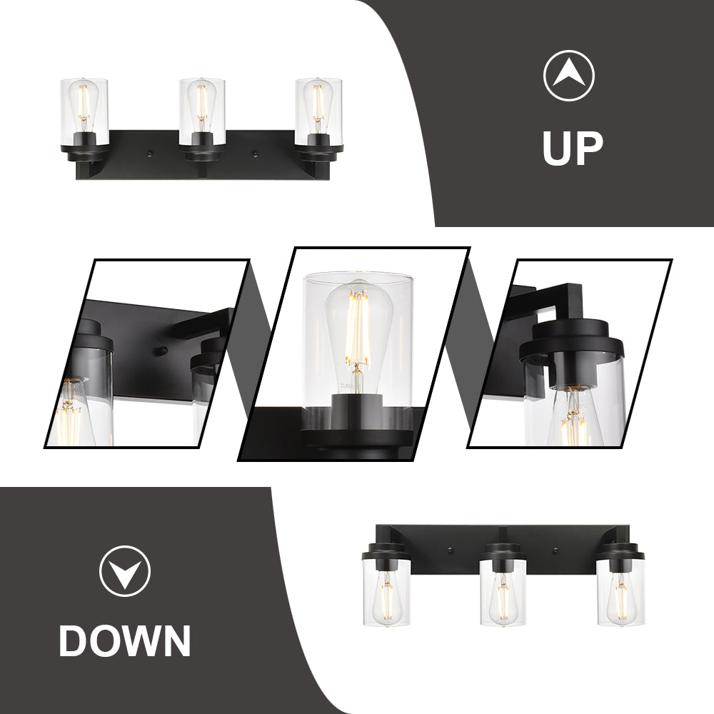 Vintage Bathroom Lighting Fixtures Over Mirror, 3-Light Modern Vanity Lights Black Finish Industrial Wall Sconce with Clear Glass Shade