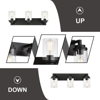 Vintage Bathroom Lighting Fixtures Over Mirror, 3-Light Modern Vanity Lights Black Finish Industrial Wall Sconce with Clear Glass Shade