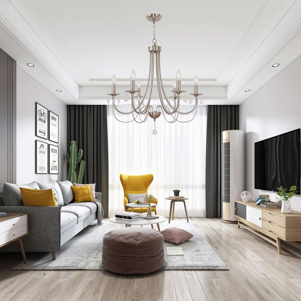 Brushed Nickel Chandeliers 6 Lights Crystal Chandelier Modern Candle Pendant Light Fixtures Elegant Ceiling Hanging Lights for Dining Room Living Room