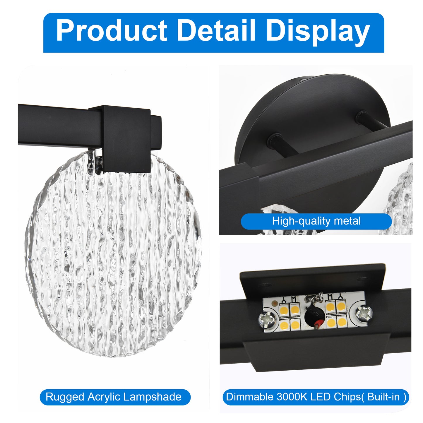 Integrated LED 5-lights Vanity Lights – Rustproof Stainless Steel & Shatterproof Acrylic Lampshade – Bathroom Mirror Lighting