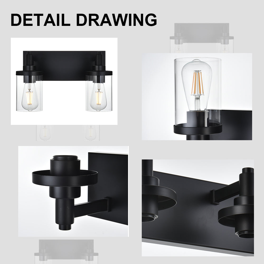 2 Light Bathroom Light Fixtures,Vintage Wall Vanity Light Metal Wall Mount Lamp with Clear Glass in Black Finish Wall Sconces Lighting for Powder Room, Hallway, Kitchen, Mirror, Laundry Room