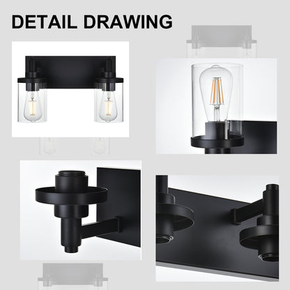 2 Light Bathroom Light Fixtures,Vintage Wall Vanity Light Metal Wall Mount Lamp with Clear Glass in Black Finish Wall Sconces Lighting for Powder Room, Hallway, Kitchen, Mirror, Laundry Room