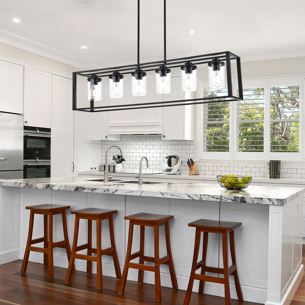 Dining Room Chandelier Lighting Fixtures with Seeded Glass, Linear Pendant Light in Matte Black Finish for Kitchen Island