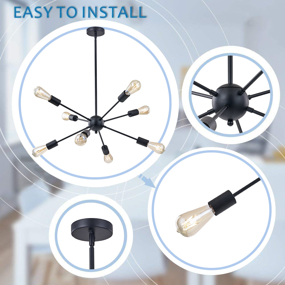 Black Sputnik Ceiling Light – Multi-Directional 8-Light Chandelier with Slopped Ceiling Kitchen Island Hanging Lights for dining rooms entryways
