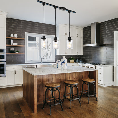 Flexible 3-Pack Track Lighting Ceiling Dimmable Black Metal Pendant Lights with Clear Glass Shades Adjustable Vintage Industrial Fixture for Kitchen, Living Room & Dining(tails included)