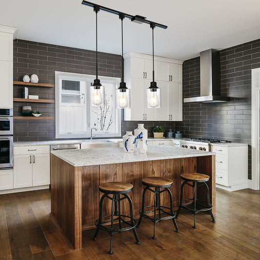 Flexible 3-Pack Track Lighting Ceiling Dimmable Black Metal Pendant Lights with Clear Glass Shades Adjustable Vintage Industrial Fixture for Kitchen, Living Room & Dining(tails included)