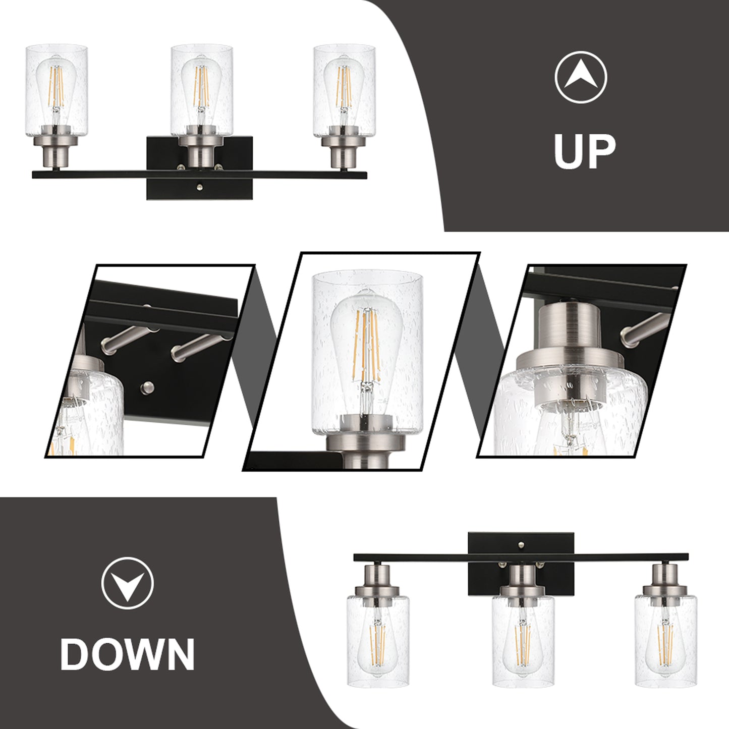 3 Lights Vanity Lights for Bathroom 23.6 Inches, Wall Mounted Light Fixture Farmhouse Bathroom Light Fixtures with Seeded Glass Shade, Black and Brushed Nickel Finish
