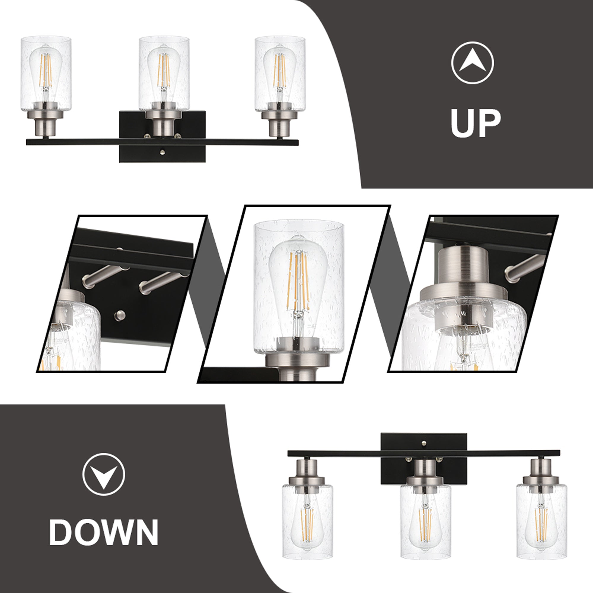 3 Lights Vanity Lights for Bathroom 23.6 Inches, Wall Mounted Light Fixture Farmhouse Bathroom Light Fixtures with Seeded Glass Shade, Black and Brushed Nickel Finish