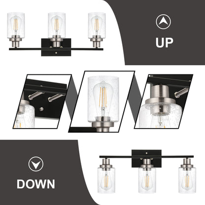 3 Lights Vanity Lights for Bathroom 23.6 Inches, Wall Mounted Light Fixture Farmhouse Bathroom Light Fixtures with Seeded Glass Shade, Black and Brushed Nickel Finish