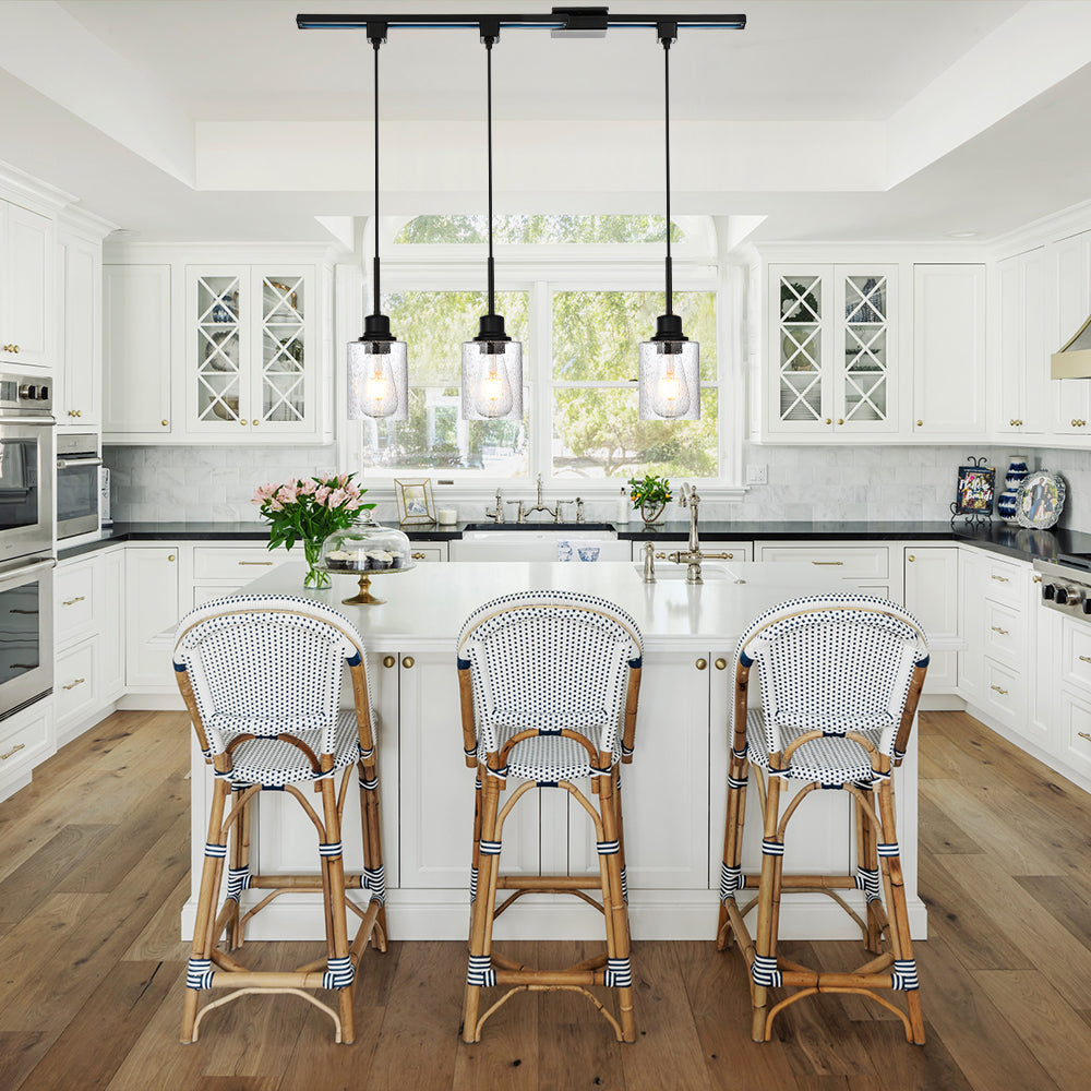 Flexible 3-Pack Track Lighting Ceiling Dimmable Black Metal Pendant Lights with Clear Glass Shades Adjustable Vintage Industrial Fixture for Kitchen, Living Room & Dining(tails included)