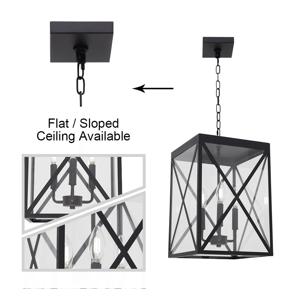 3-Light Outdoor Chandelier Lighting Black Indoor Lantern Pendant Light Exterior Ceiling Light Fixtures with Clear Glass for Patio Porch Entryway