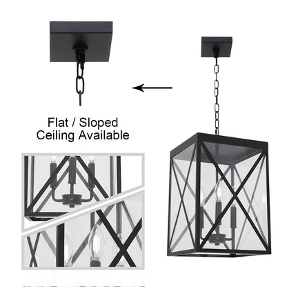 3-Light Outdoor Chandelier Lighting Black Indoor Lantern Pendant Light Exterior Ceiling Light Fixtures with Clear Glass for Patio Porch Entryway