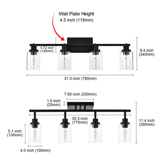 Bathroom Vanity Light 4 Light Track Lighting Fixtures Black, Ceiling Lighting Fixtures with Rotatable Track Head for Hallway Porch Foyer Bath Storage, Clear Glass Shade